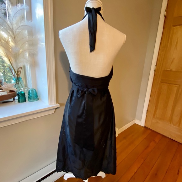 WHBM Dress Satin Halter Top Eyelet Lace Nude Lined Black Cocktail M 8 - Picture 4 of 15